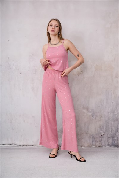 Kadın Bürümcük Kumaş Askılı Crop Bluz Geniş Paça Pantolon İkili Takım 24072