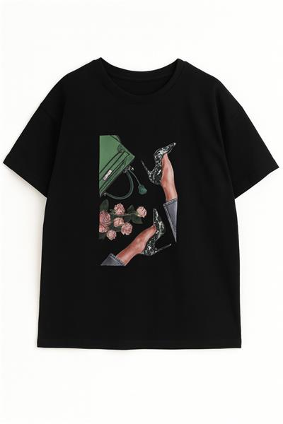 Kadın Çanta Baskılı Penye T-Shirt 21008B2 Siyah