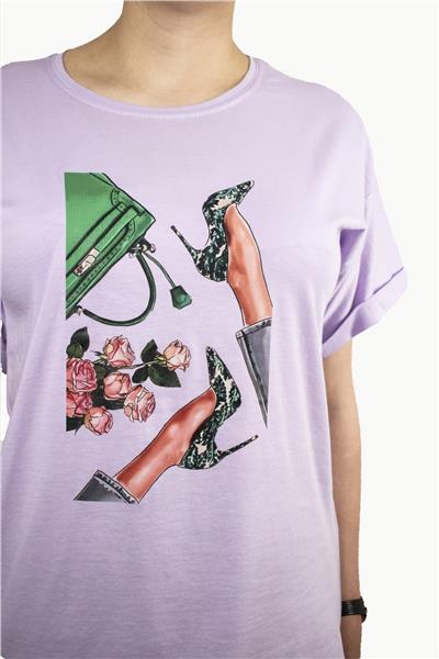 Kadın Çanta Baskılı Penye T-Shirt 21008B2 Lila