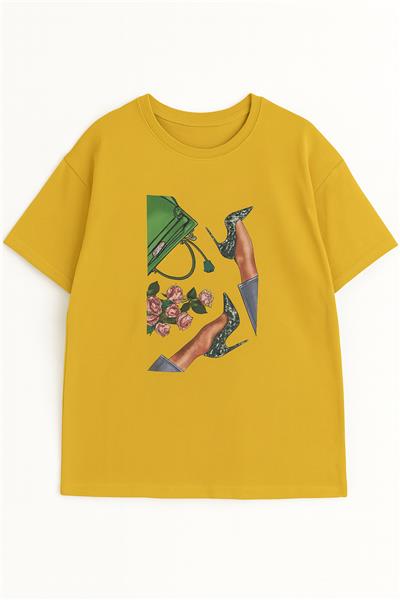 Kadın Çanta Baskılı Penye T-Shirt 21008B2 Hardal