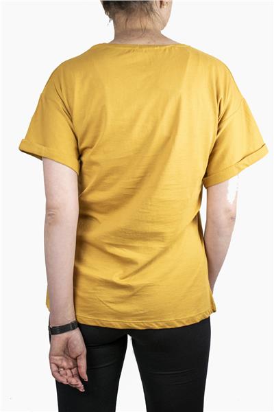 Kadın Çanta Baskılı Penye T-Shirt 21008B2 Hardal