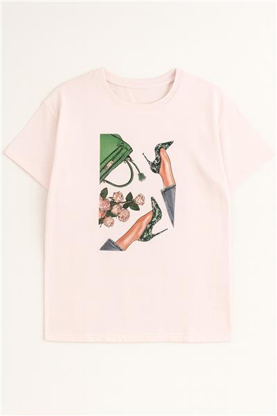 Kadın Çanta Baskılı Penye T-Shirt 21008B2 Pudra