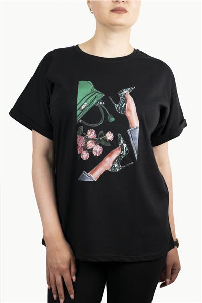 Kadın Çanta Baskılı Penye T-Shirt 21008B2 Siyah