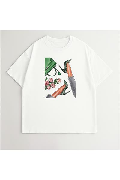 Kadın Çanta Baskılı Penye T-Shirt 21008B2 Beyaz