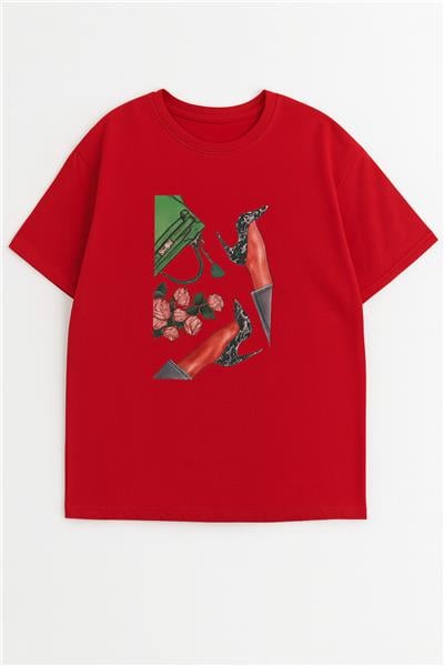 Kadın Çanta Baskılı Penye T-Shirt 21008B2 Kırmızı
