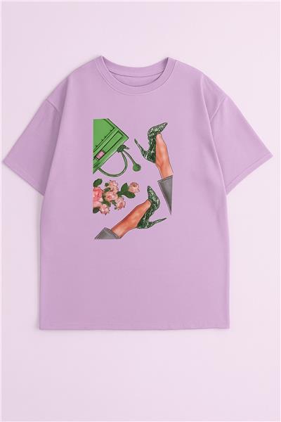 Kadın Çanta Baskılı Penye T-Shirt 21008B2 Lila