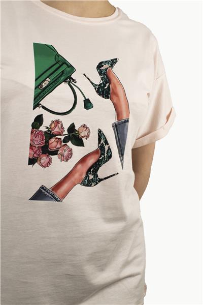 Kadın Çanta Baskılı Penye T-Shirt 21008B2 Pudra