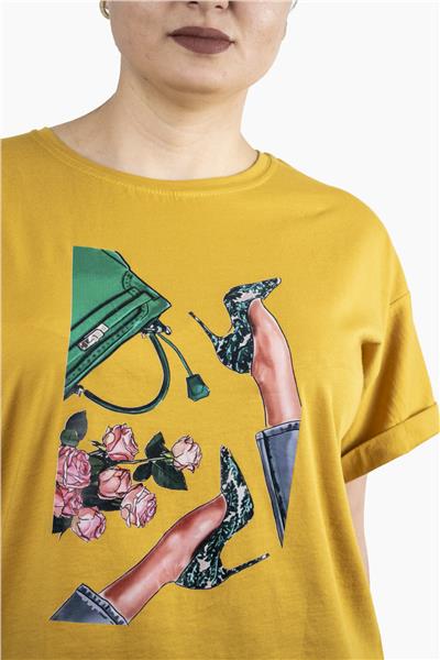 Kadın Çanta Baskılı Penye T-Shirt 21008B2 Hardal