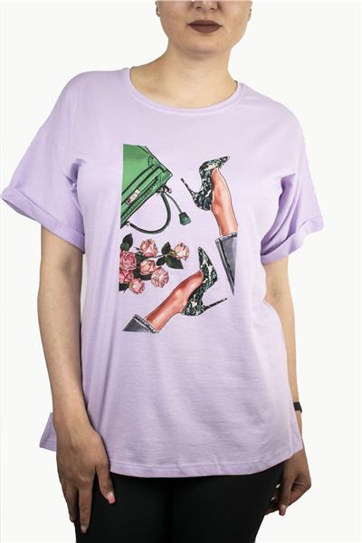 Kadın Çanta Baskılı Penye T-Shirt 21008B2 Lila