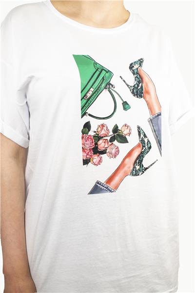 Kadın Çanta Baskılı Penye T-Shirt 21008B2 Beyaz