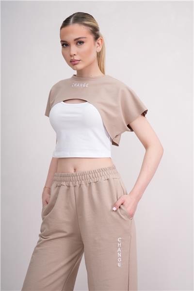 Kadın Crop Eşofman Takımı 3Lü Takım Spor Comfort 25074