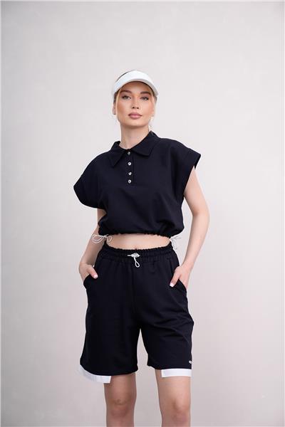 Kadın Gömlek Yakalı Penye Şortlu Takım Cepli Lastikli 25066