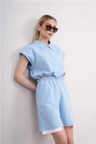 Kadın Gömlek Yakalı Penye Şortlu Takım Cepli Lastikli 25066