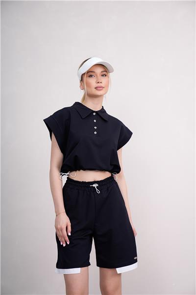 Kadın Gömlek Yakalı Penye Şortlu Takım Cepli Lastikli 25066
