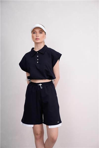 Kadın Gömlek Yakalı Penye Şortlu Takım Cepli Lastikli 25066