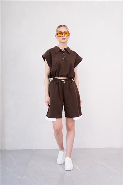 Kadın Gömlek Yakalı Penye Şortlu Takım Cepli Lastikli 25066