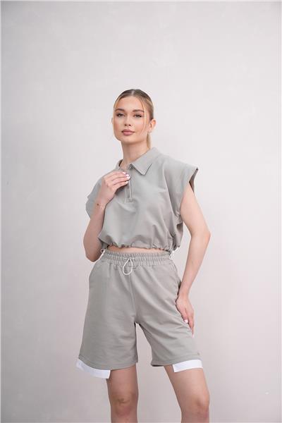 Kadın Gömlek Yakalı Penye Şortlu Takım Cepli Lastikli 25066