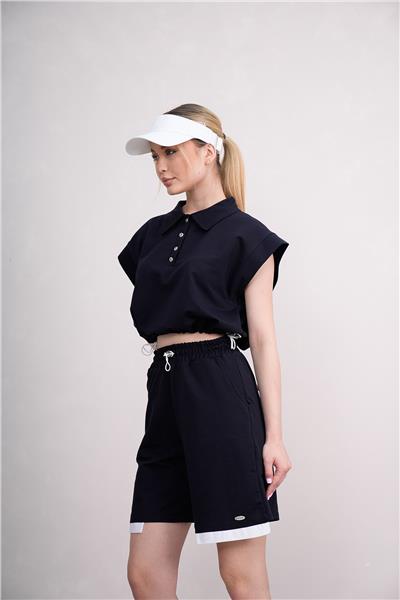 Kadın Gömlek Yakalı Penye Şortlu Takım Cepli Lastikli 25066