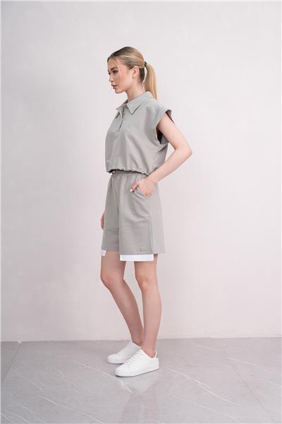 Kadın Gömlek Yakalı Penye Şortlu Takım Cepli Lastikli 25066