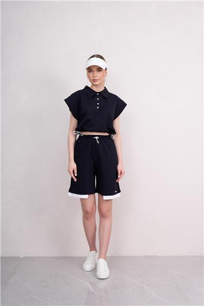 Kadın Gömlek Yakalı Penye Şortlu Takım Cepli Lastikli 25066