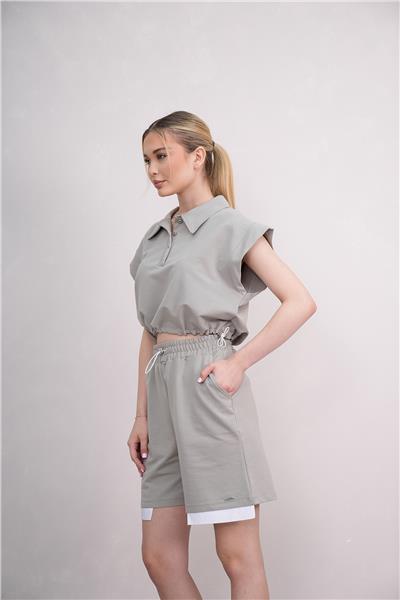Kadın Gömlek Yakalı Penye Şortlu Takım Cepli Lastikli 25066