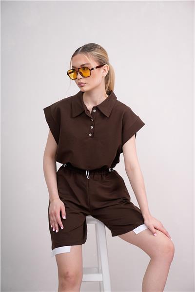 Kadın Gömlek Yakalı Penye Şortlu Takım Cepli Lastikli 25066