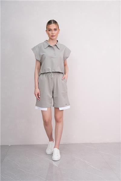 Kadın Gömlek Yakalı Penye Şortlu Takım Cepli Lastikli 25066