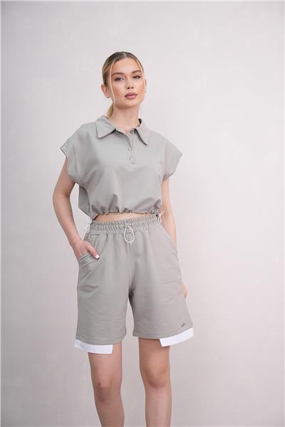 Kadın Gömlek Yakalı Penye Şortlu Takım Cepli Lastikli 25066
