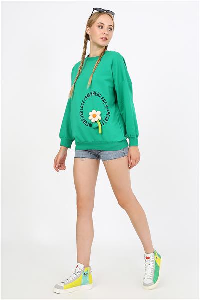 Kadın İki İplik Kumaş Çiçek Aplikeli Oversize Sweatshirt 23522 -Yeşil