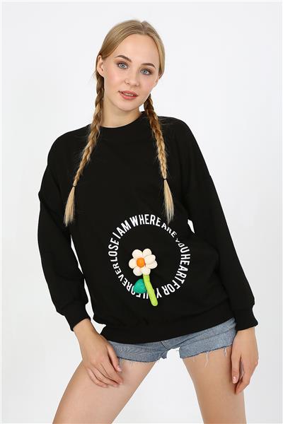Kadın İki İplik Kumaş Çiçek Aplikeli Oversize Sweatshirt 23522 -Siyah