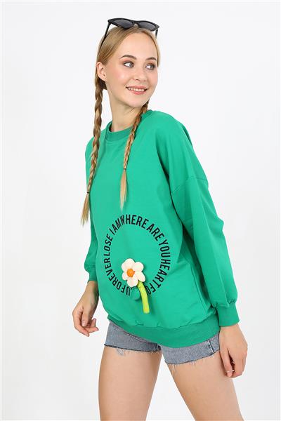 Kadın İki İplik Kumaş Çiçek Aplikeli Oversize Sweatshirt 23522 -Yeşil