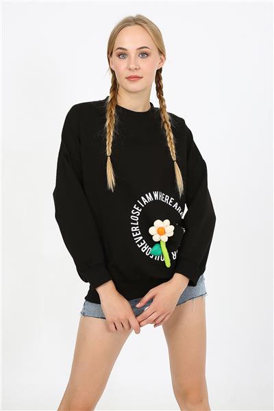 Kadın İki İplik Kumaş Çiçek Aplikeli Oversize Sweatshirt 23522 -Siyah