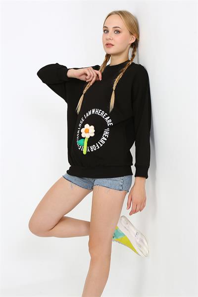 Kadın Iki Iplik Kumaş Çiçek Aplikeli Oversize Sweatshırt 23522 -siyah