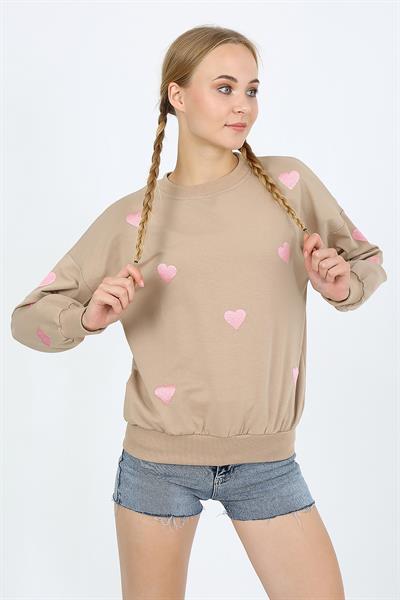 Kadın Iki Iplik Kumaş Kalp Nakışlı Oversize Sweatshırt 23534 -vizon