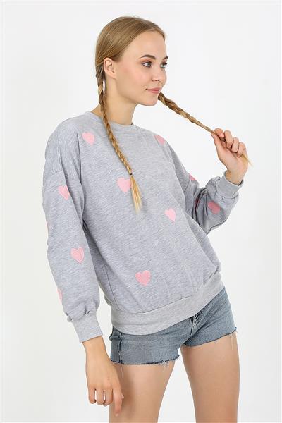Kadın İki İplik Kumaş Kalp Nakışlı Oversize Sweatshirt 23534 -Gri