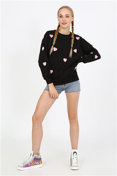 Kadın İki İplik Kumaş Kalp Nakışlı Oversize Sweatshirt 23534 -Siyah