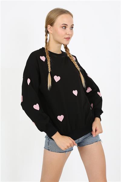 Kadın İki İplik Kumaş Kalp Nakışlı Oversize Sweatshirt 23534 -Siyah