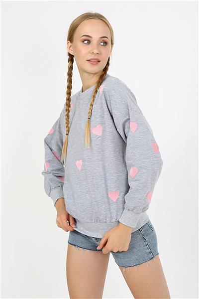 Kadın İki İplik Kumaş Kalp Nakışlı Oversize Sweatshirt 23534 -Gri