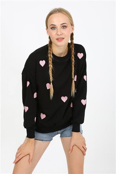 Kadın İki İplik Kumaş Kalp Nakışlı Oversize Sweatshirt 23534 -Siyah