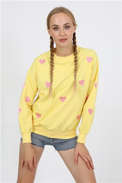 Kadın İki İplik Kumaş Kalp Nakışlı Oversize Sweatshirt 23534 -Sarı