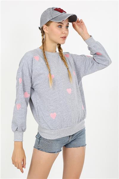 Kadın İki İplik Kumaş Kalp Nakışlı Oversize Sweatshirt 23534 -Gri