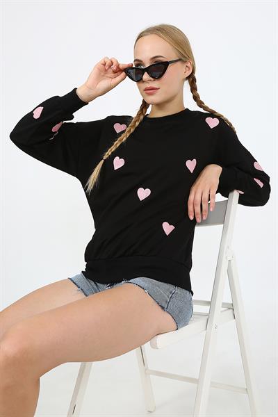 Kadın Iki Iplik Kumaş Kalp Nakışlı Oversize Sweatshırt 23534 -siyah