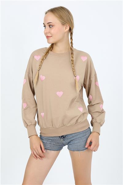 Kadın İki İplik Kumaş Kalp Nakışlı Oversize Sweatshirt 23534 -Vizon