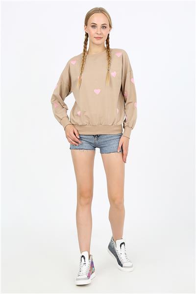 Kadın İki İplik Kumaş Kalp Nakışlı Oversize Sweatshirt 23534 -Vizon