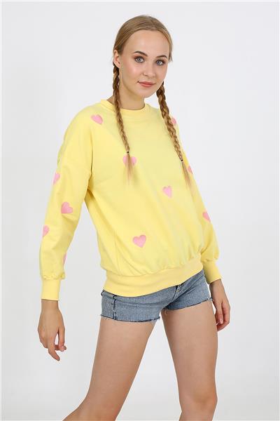 Kadın İki İplik Kumaş Kalp Nakışlı Oversize Sweatshirt 23534 -Sarı