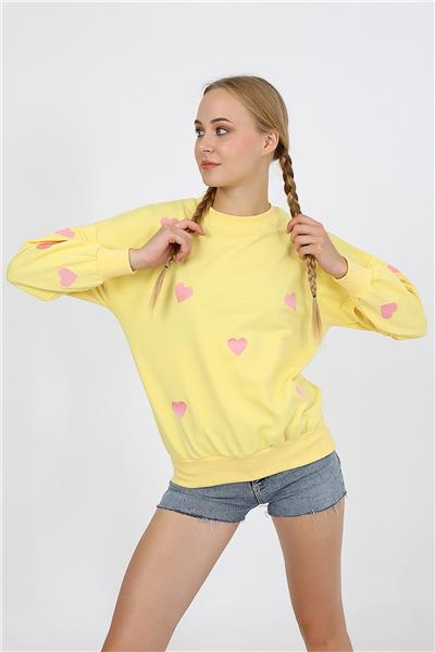 Kadın İki İplik Kumaş Kalp Nakışlı Oversize Sweatshirt 23534 -Sarı