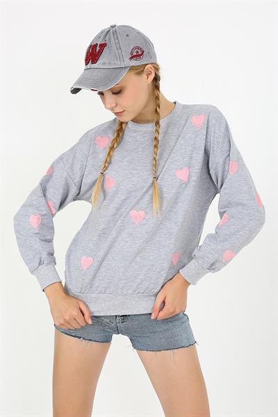 Kadın Iki Iplik Kumaş Kalp Nakışlı Oversize Sweatshırt 23534 -gri