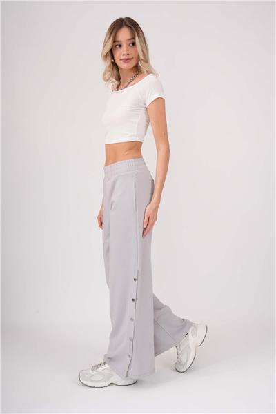 Kadın İki İplik Penye Geniş Paça Yanları Çıtçıtlı Cepli Pantolon 23529 -Gri