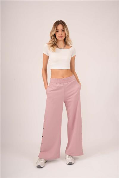 Kadın İki İplik Penye Geniş Paça Yanları Çıtçıtlı Cepli Pantolon 23529 -Gül Kurusu