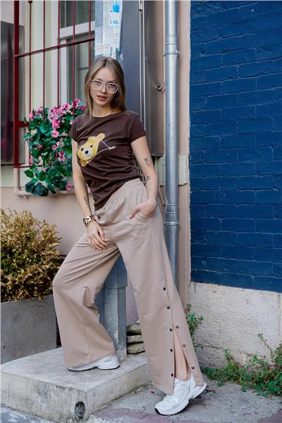 Kadın İki İplik Penye Geniş Paça Yanları Çıtçıtlı Cepli Pantolon 23529 -Vizon